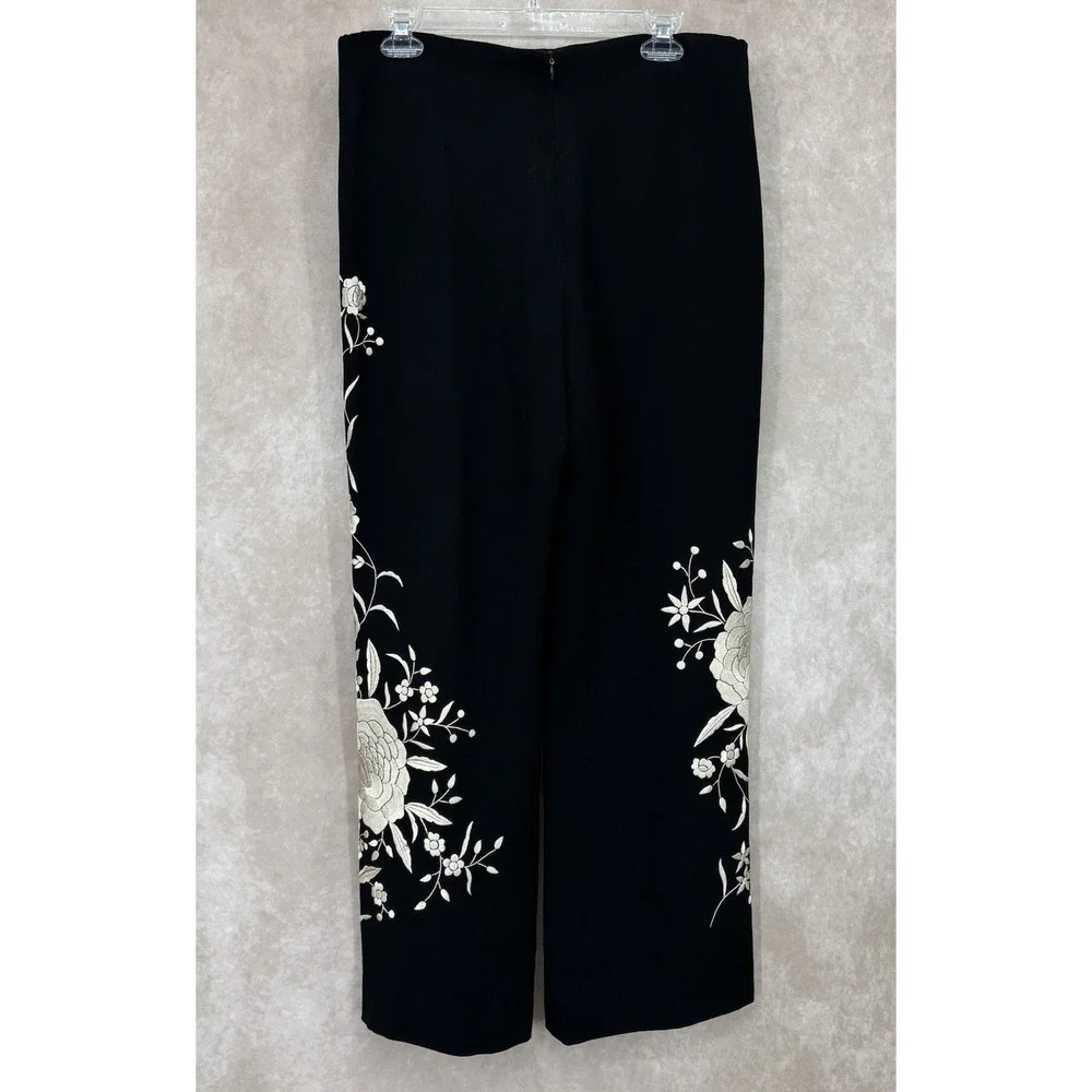 Lafayette 148 New York Embroidered Floral Wide Leg Pants Size 6‎ Black Ivory